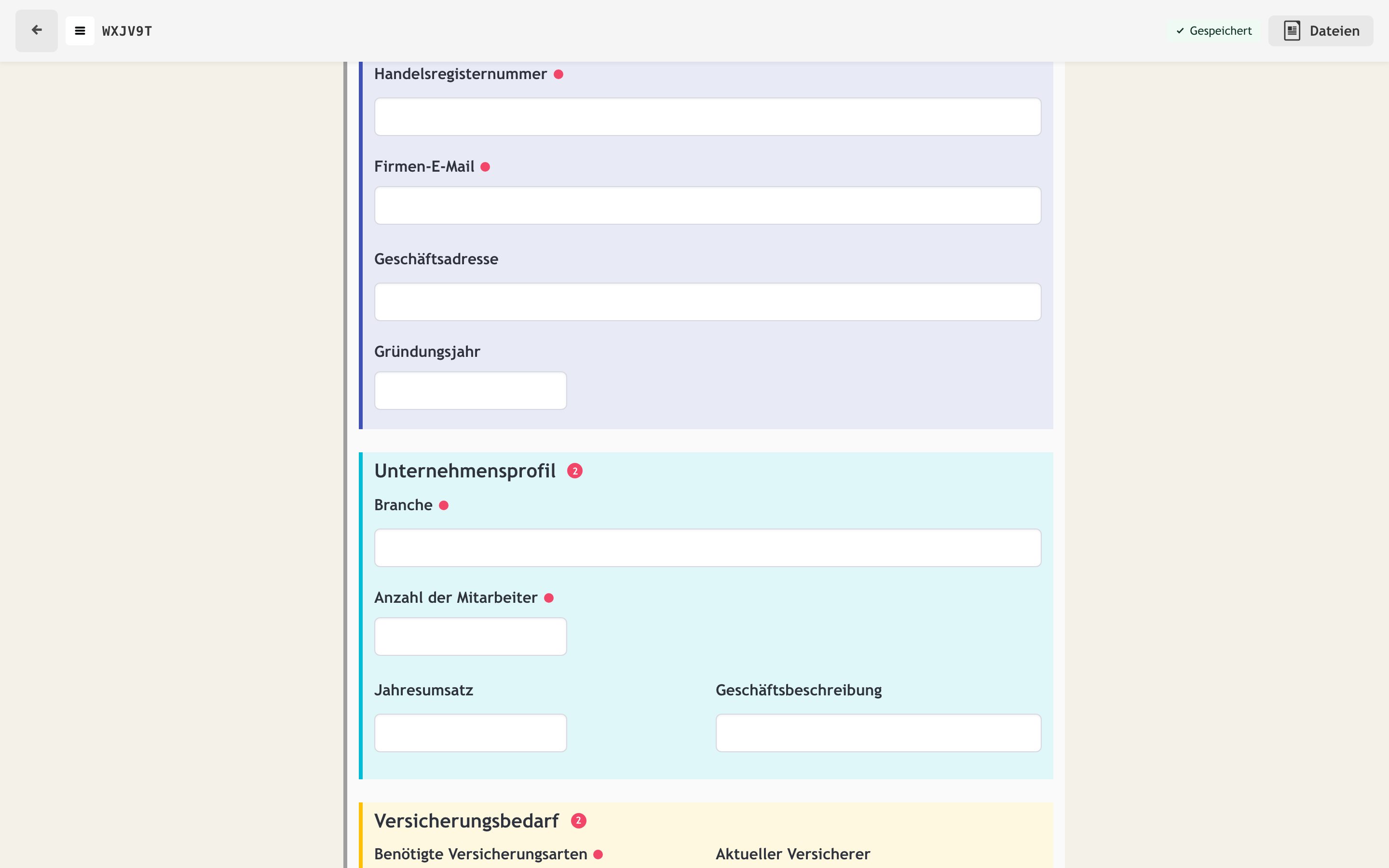 Geschäftsformular mit strukturierten Abschnitten und gruppierten Organisationsdaten