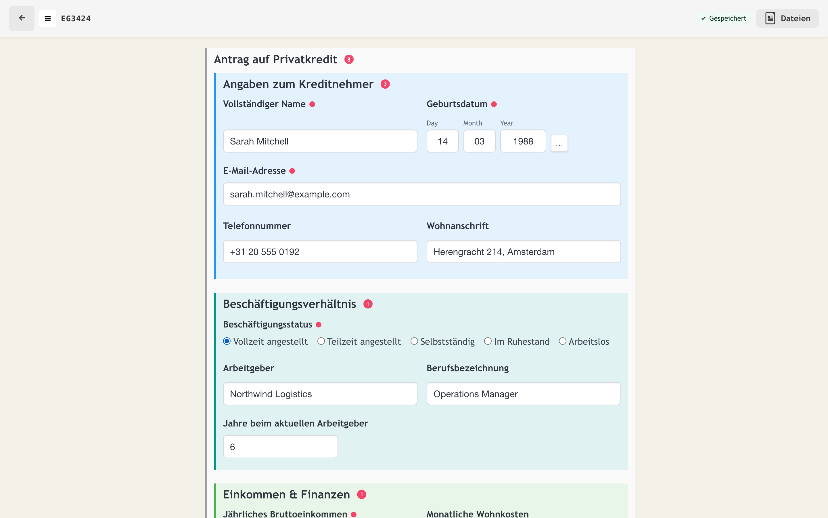 Kreditantrag – strukturiertes Formular mit bedingten Abschnitten und Validierung in Echtzeit