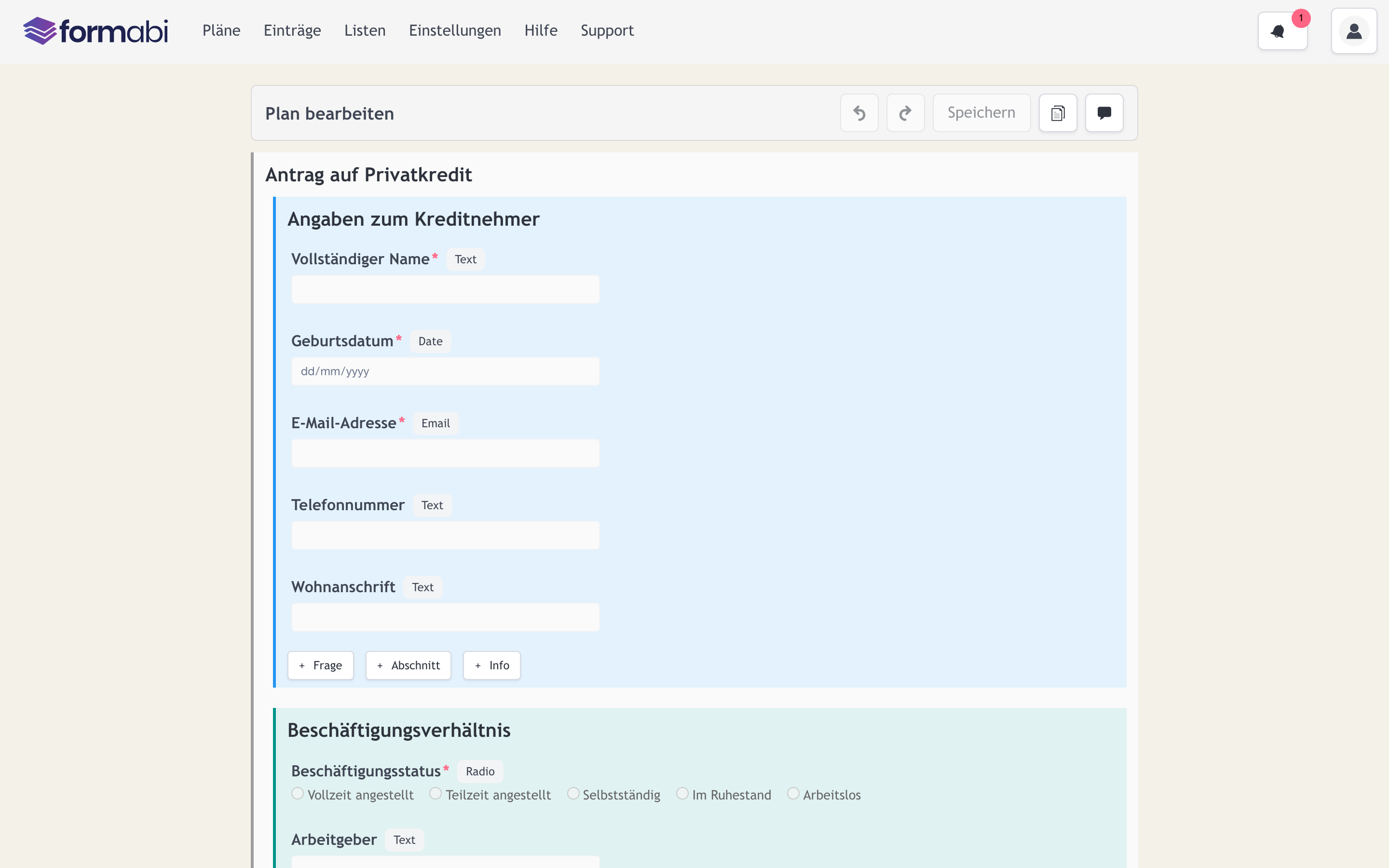 Visueller Plan-Editor mit typisierten Feldern, Abschnitten und Bearbeitungselementen