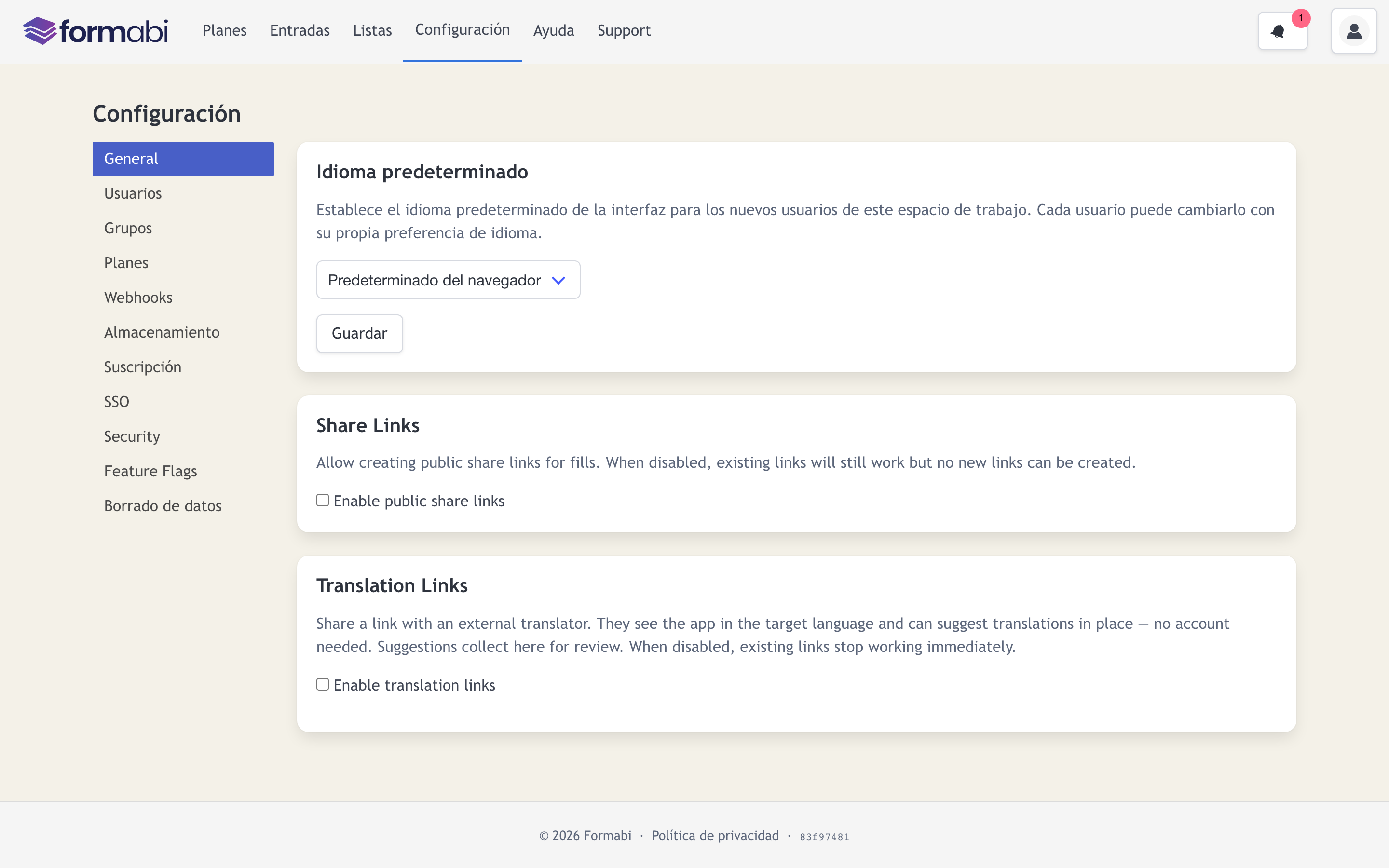 Ajustes del espacio de trabajo para el idioma por defecto y los enlaces de traductores externos