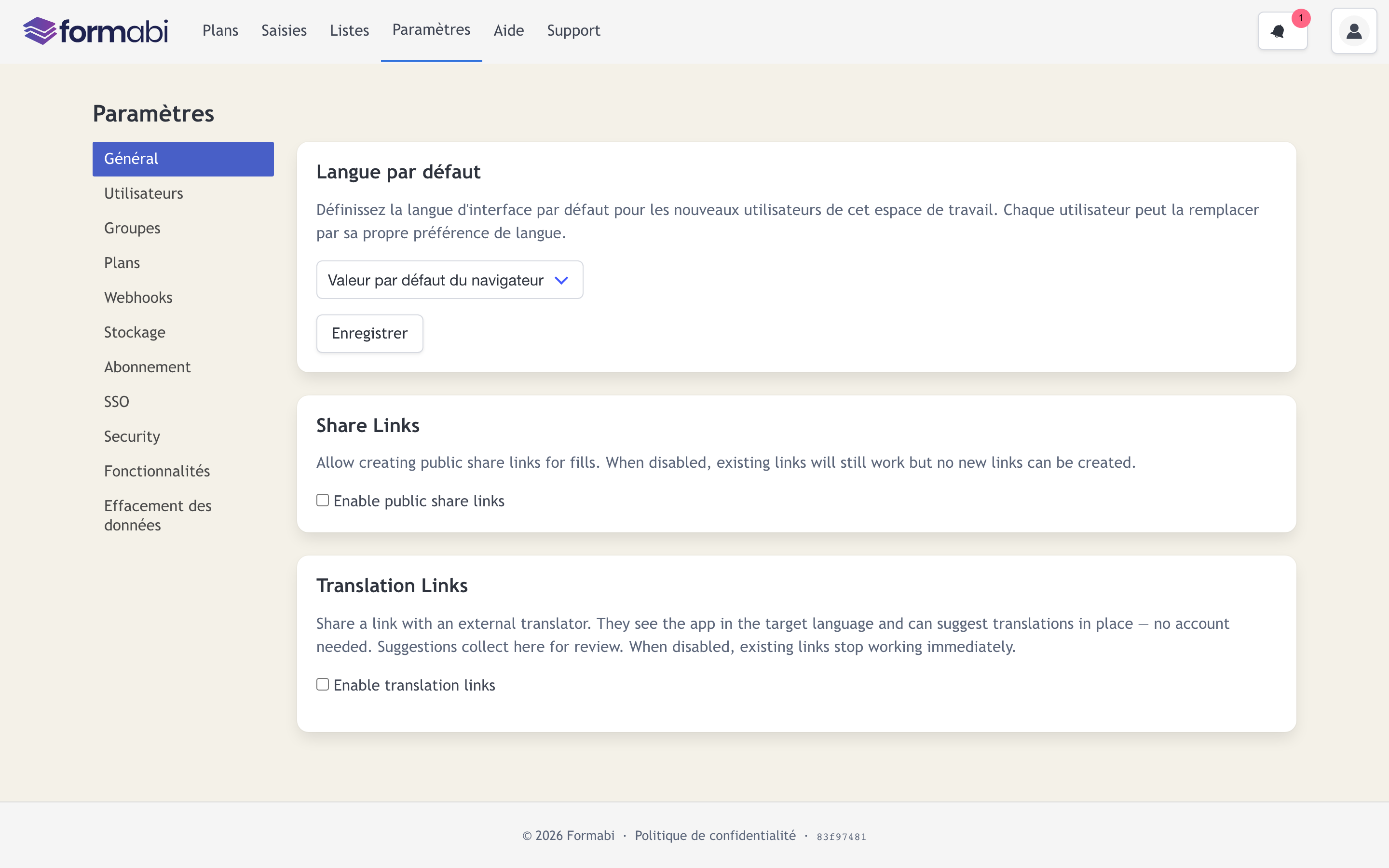 Paramètres de l'espace de travail : langue par défaut et liens pour traducteurs externes