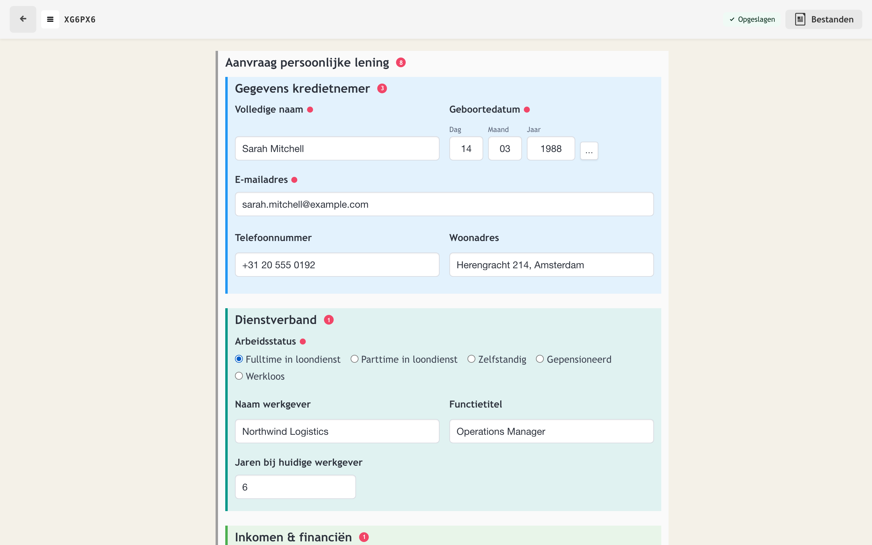 Kredietaanvraag — gestructureerd formulier met voorwaardelijke secties en realtime validatie